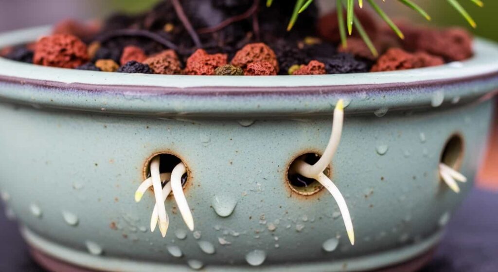 Close-up of a bonsai pot's drainage holes with bright white, new root tips emerging, signaling successful recovery after root pruning.