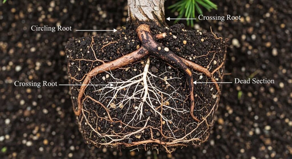 Top-down view of exposed pine bonsai root system showing circling roots, crossing roots, and healthy feeder roots for inspection