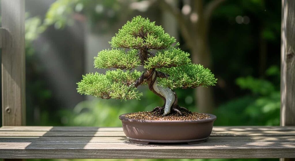 A freshly repotted juniper bonsai placed in a sheltered, shaded outdoor location for recovery.