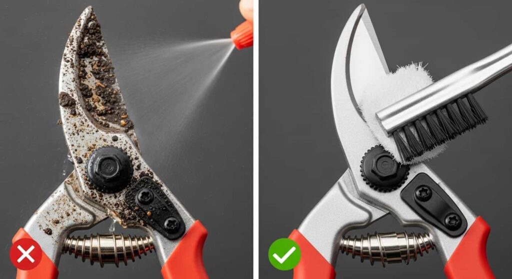 Split-screen image comparing incorrect tool sterilization by spraying a dirty tool versus correct cleaning by first brushing off soil and sap to ensure the sterilizing agent can work effectively.