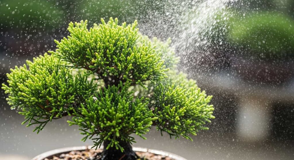 A hand misting the lush green foliage of a juniper bonsai with a fine spray of water, keeping leaves hydrated while the soil remains dry during post-root pruning recovery.