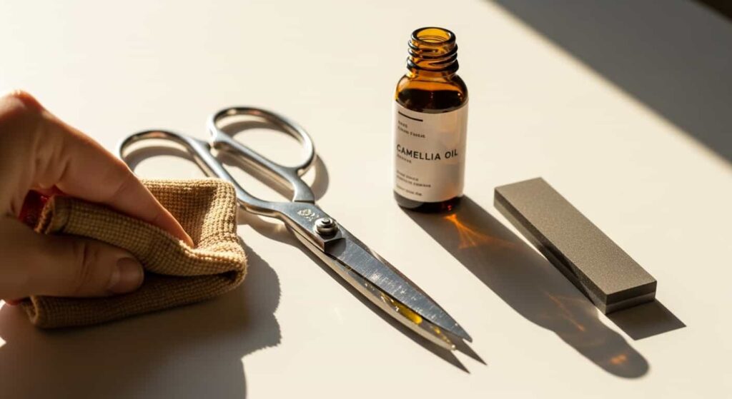 Bonsai tool maintenance with camellia oil and a sharpening stone to clean and preserve steel scissors.