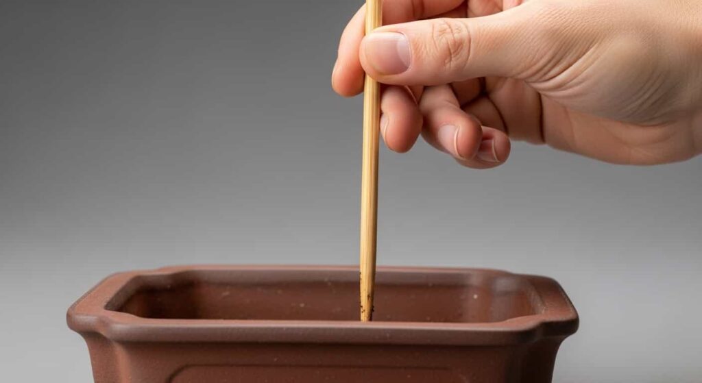Performing the chopstick test on a bonsai tree; a dry wooden stick removed from the soil indicates the tree needs water, preventing overwatering after root trimming.