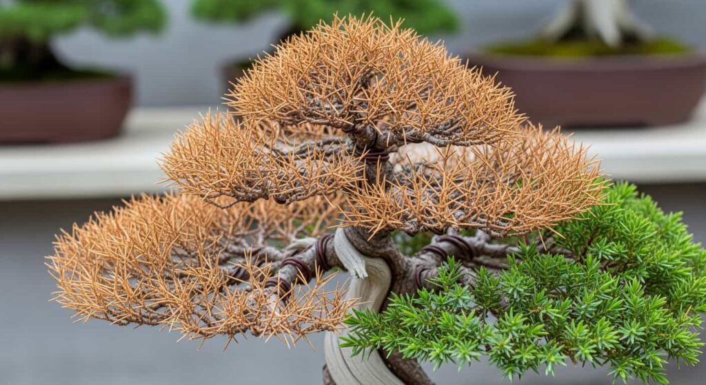 A juniper bonsai branch with severe dieback, showing brown, dry, and dead foliage contrasting against the healthy green parts of the tree, a late-stage symptom of severe root pruning damage.