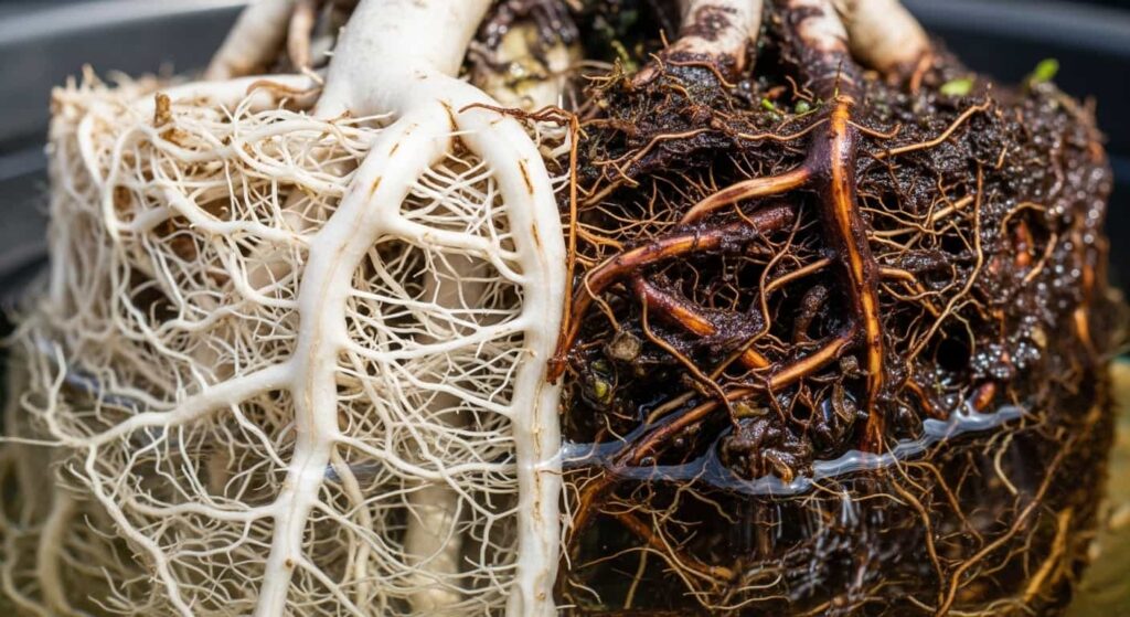Comparison of healthy white bonsai roots and dark rotting roots in water