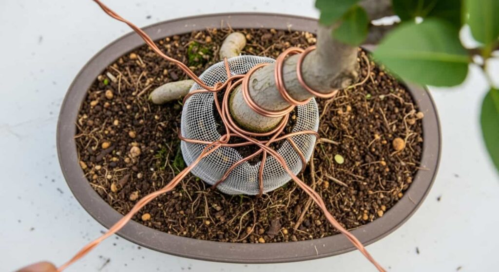Top-down view of securing a boxwood bonsai in a new pot using copper tie-down wire threaded through the drainage holes for stability.