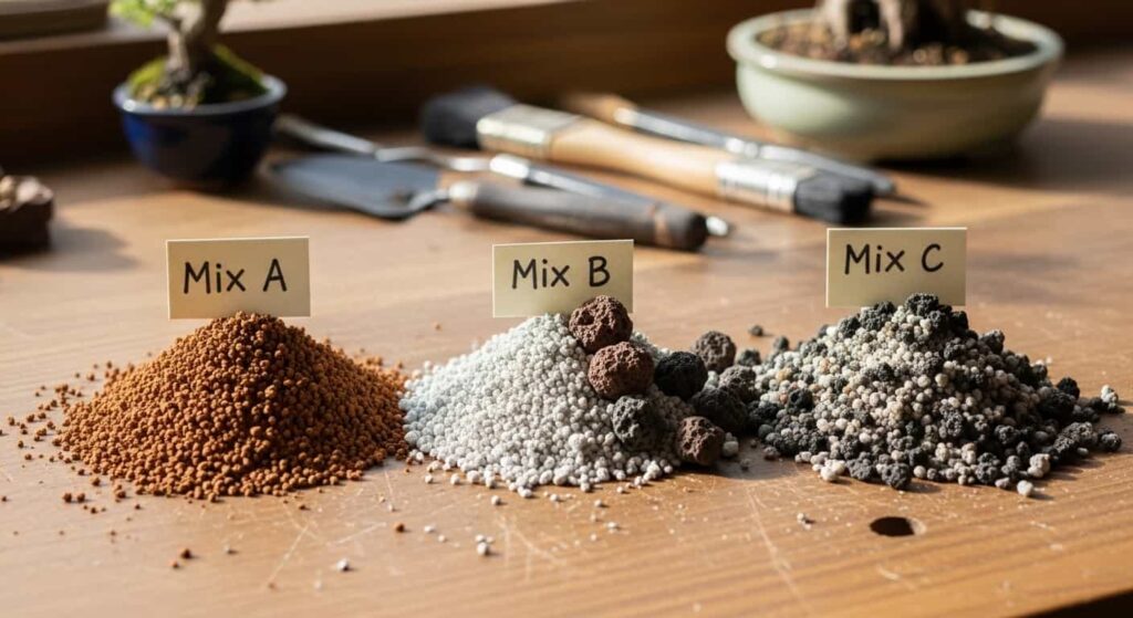 Three piles of bonsai soil mix labeled A, B, and C, showing different visual proportions of akadama, pumice, and lava rock.