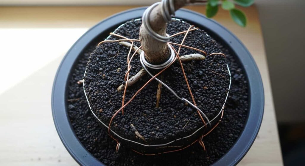bonsai tree wired into pot with fresh soil after root pruning