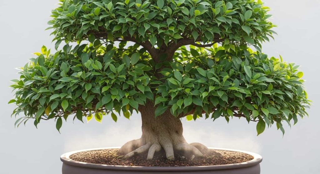 Lush Ficus bonsai in full summer growth with a heat haze visible above the pot, representing the high transpiration demand that makes root pruning dangerous.