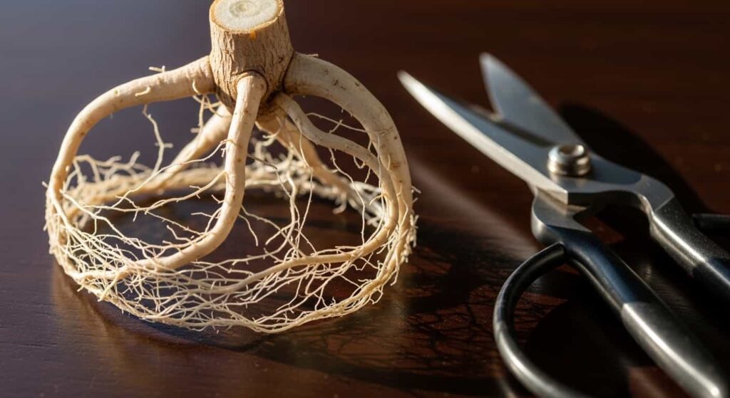 Clean white bonsai roots spread on wood with pruning shears ready for root cutting after washing