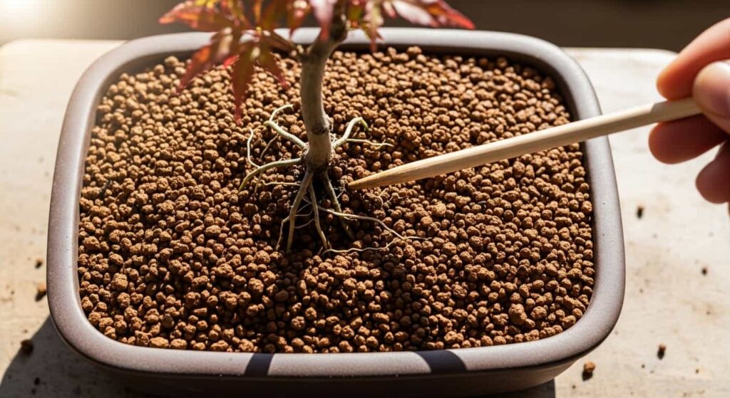 A wooden chopstick being used to carefully work fresh bonsai soil in between the roots to eliminate air pockets after repotting.