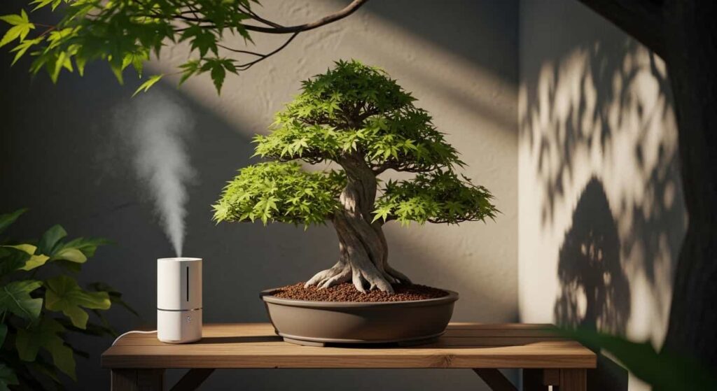 A freshly repotted Trident Maple bonsai in a shaded recovery area with a small humidifier, illustrating proper post-root-washing aftercare.