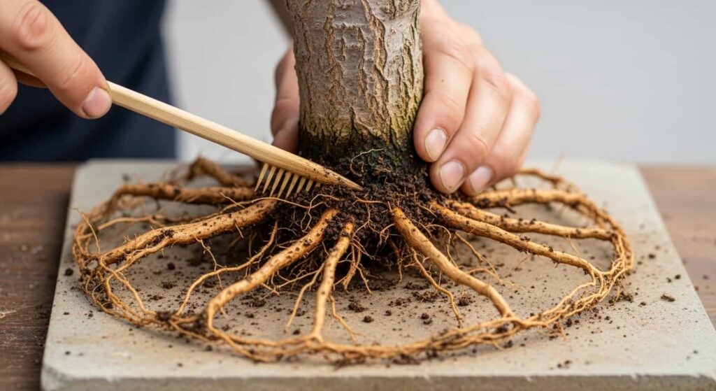 Close-up of bonsai artist using a root rake to spread and arrange trident maple roots radially on a tile during repotting to encourage nebari development.