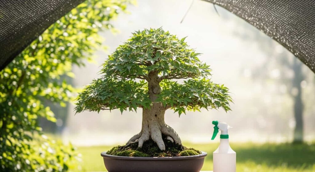 Freshly repotted Japanese maple bonsai placed in a bright, shaded recovery area with dappled sunlight and a spray bottle for misting to prevent transplant shock.