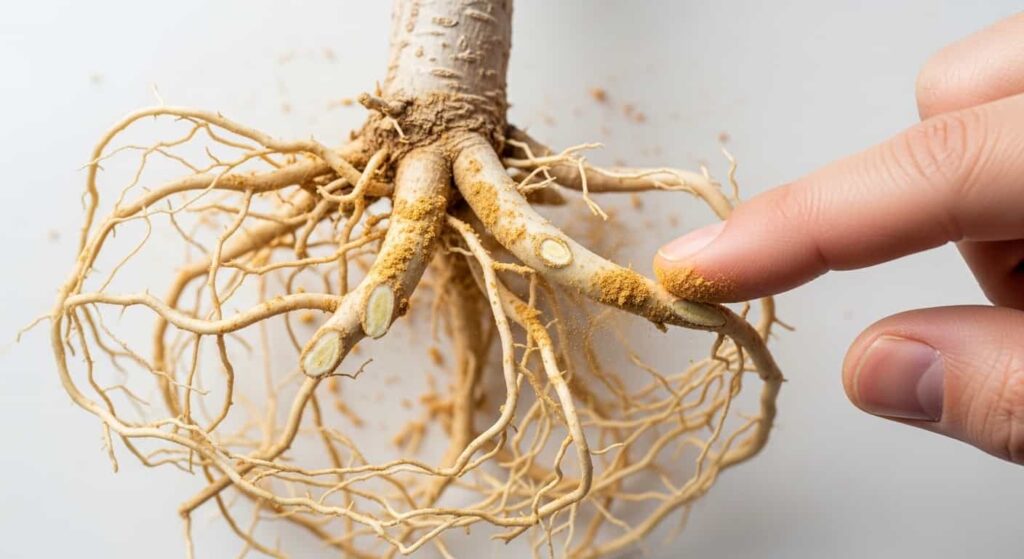 Applying natural antifungal cinnamon powder to the fresh cuts of a pruned bonsai root system to prevent infection and promote healing.