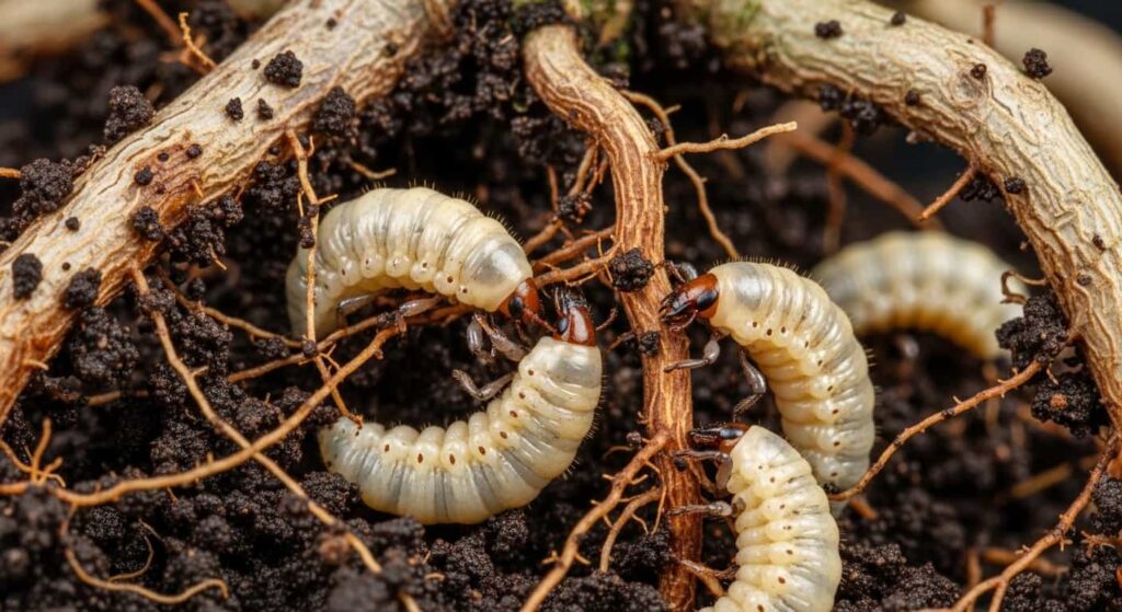 Vine weevil larvae cream-colored grubs feeding on Chinese Elm bonsai fine root system in soil macro view