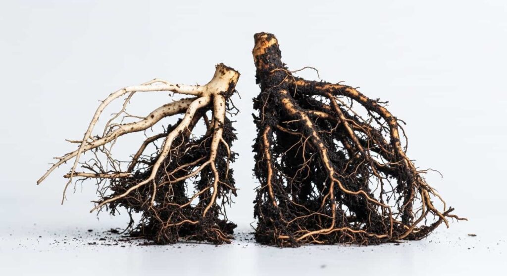 A diagnostic close-up of a Japanese maple root system suffering from root rot, showing the contrast between a few healthy white roots and numerous dark, mushy, decayed roots.