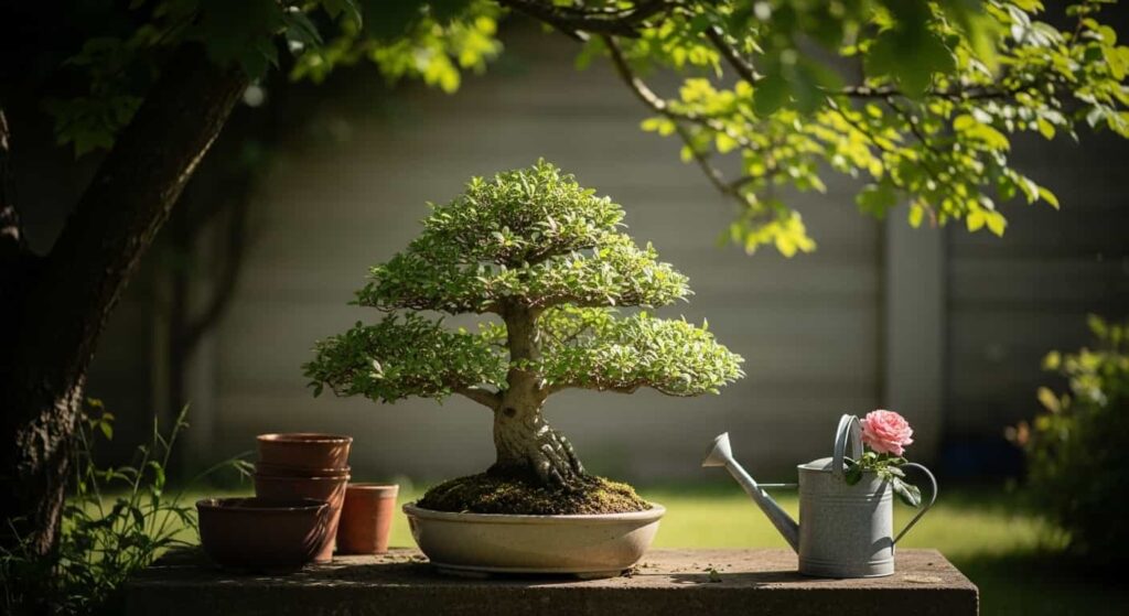 A freshly repotted Cotoneaster bonsai placed in a sheltered, semi-shaded garden spot for recovery, receiving dappled sunlight and protected from harsh elements.