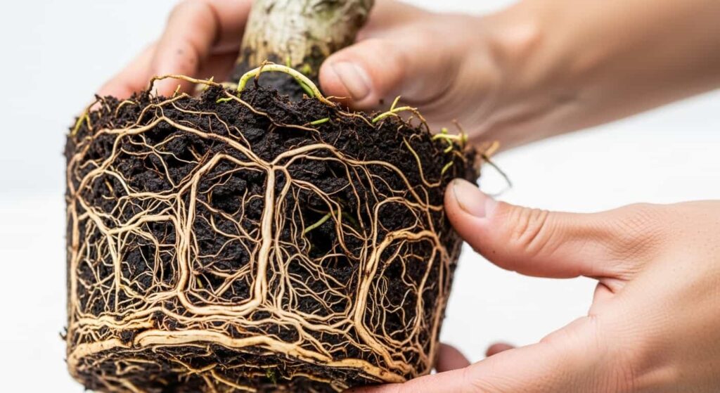 Inspecting a bonsai tree's roots, showing a comparison between healthy white roots and dark, mushy roots affected by rot.