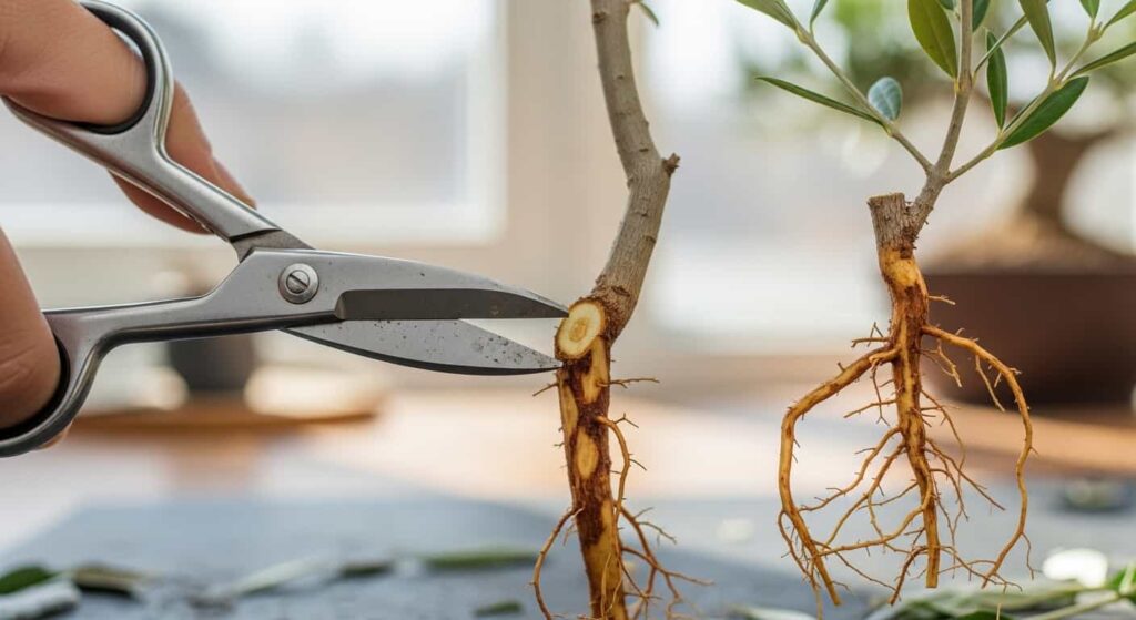 Precision root pruning on olive bonsai using sharp scissors, making clean cuts to remove damaged roots during repotting