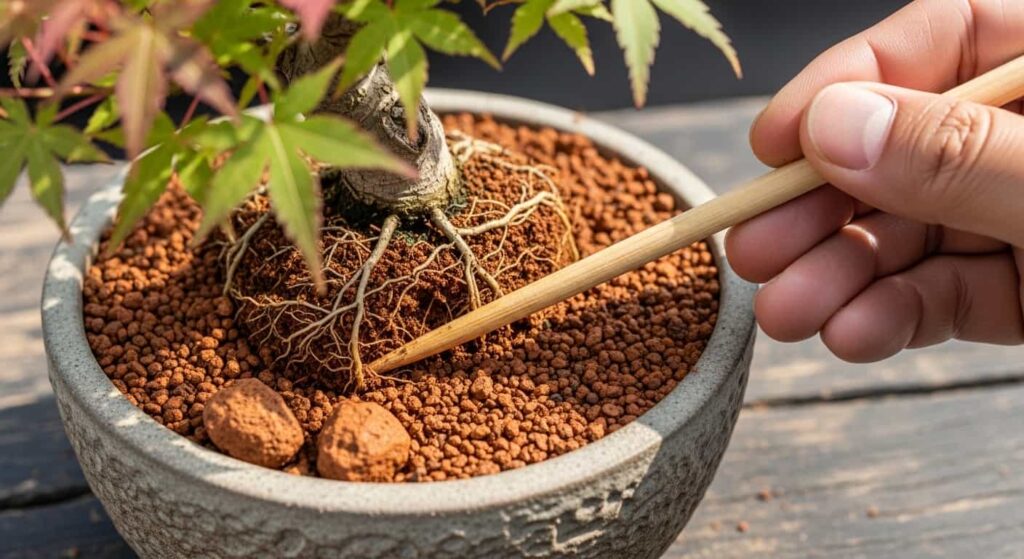 Using a wooden chopstick to carefully work fresh bonsai soil down between the roots of a tree after it has been positioned in a new pot.