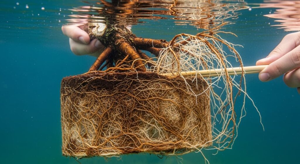 Identifying thick anchor roots versus fine white feeder roots on submerged bonsai during underwater pruning