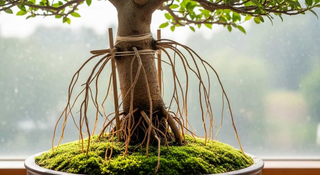 Guided aerial roots on banyan bonsai trained with bamboo stakes and soft string to direct growth toward soil surface for anchoring