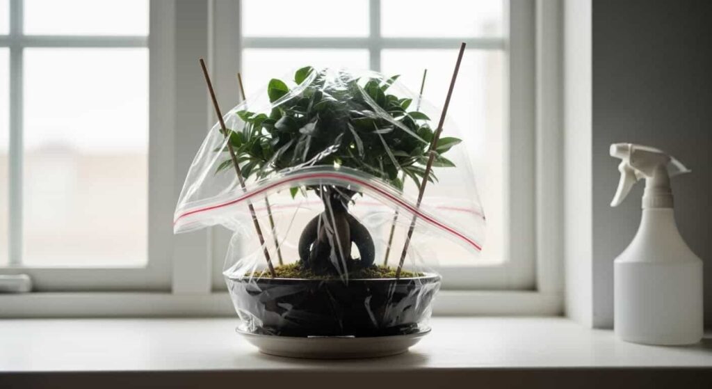 bonsai tree in clear plastic bag humidity chamber for post-repotting recovery