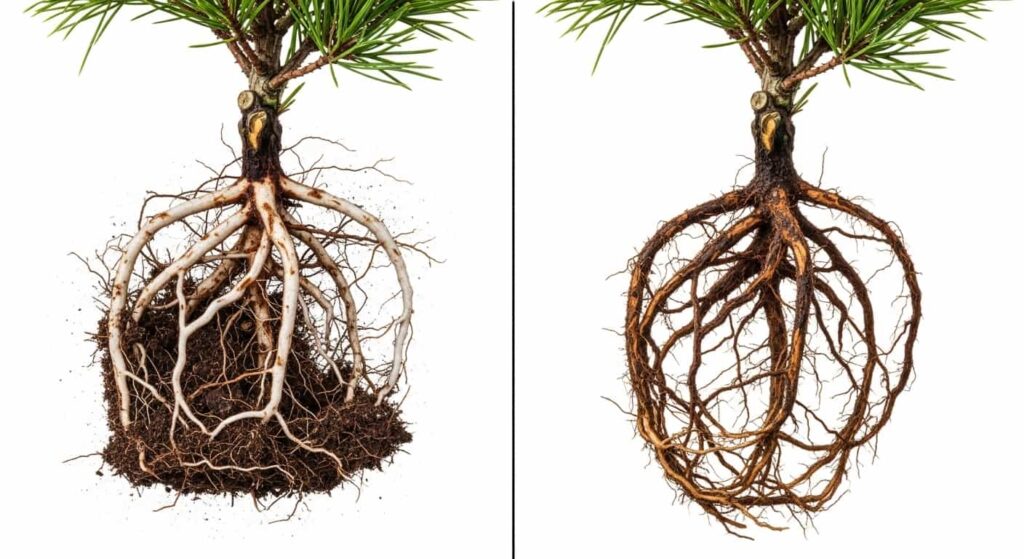 Split comparison of healthy dry pine roots versus rotted brown mushy roots from overwatering