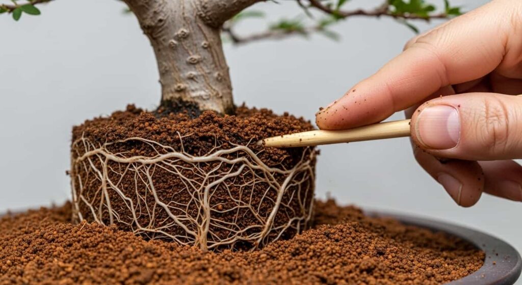 Bonsai artist using a chopstick to carefully work fresh soil between the roots of a Serissa tree during the repotting phase of root washing.