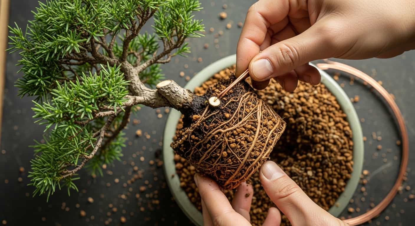 Hands placing a bonsai tree with trimmed roots into a fresh pot of granular akadama and pumice soil, the critical step for recovery after root pruning.