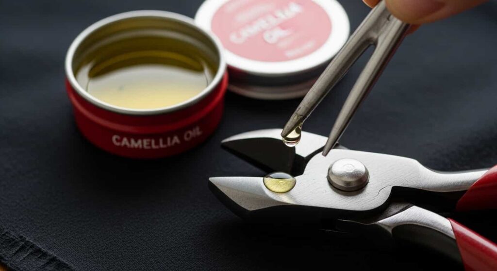 Maintaining bonsai tools by applying camellia oil to the pivot joint and jaws of wire cutters to prevent rust after root work.