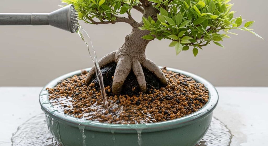 Freshly repotted wisteria bonsai being watered with a fine rose watering can, settling the new akadama soil mix around the roots.