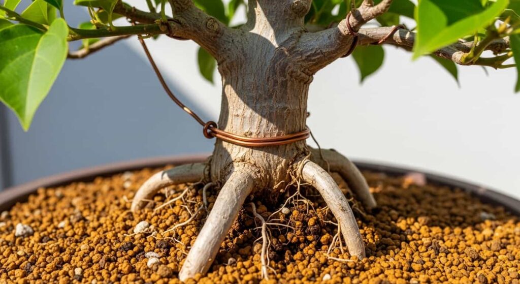 Close-up of the base of a freshly repotted bougainvillea bonsai, showing copper anchor wire securing the root mass and nebari in place within the new pot and fresh soil.