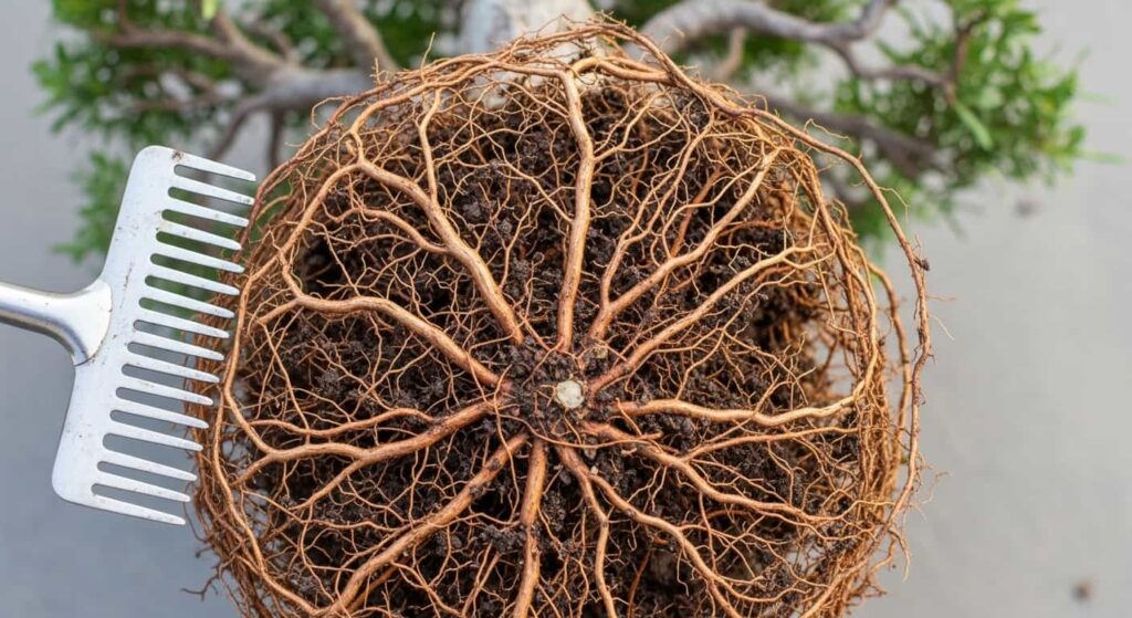 bonsai tree roots untangled and spread out radially using root rake ready for pruning