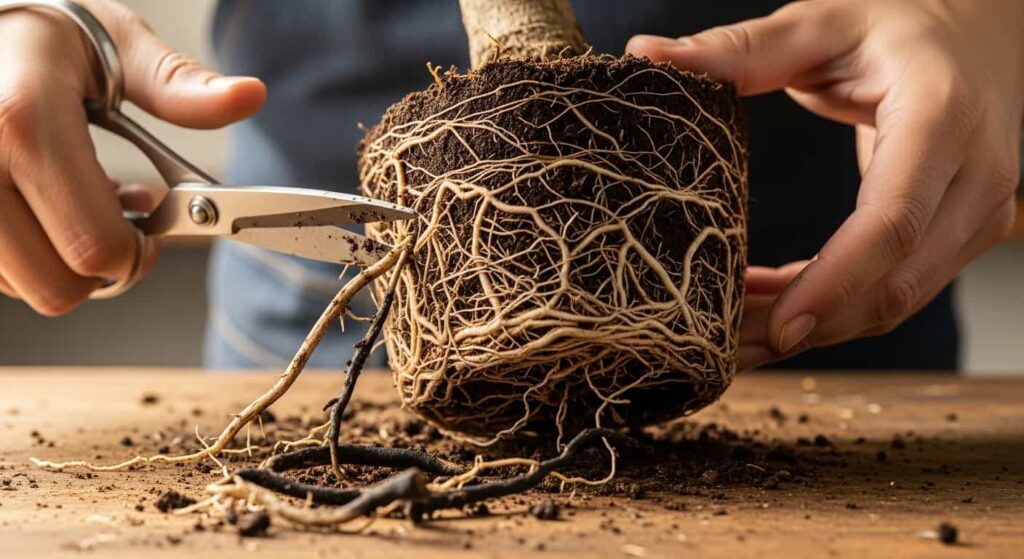 Banyan bonsai root pruning during repotting showing healthy white roots and removal of damaged tissue with sharp scissors