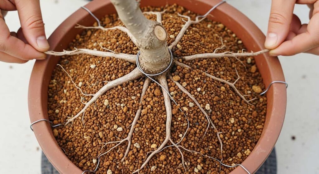 Top-down view of repotting a Chinese Elm, showing its pruned roots being carefully spread radially over a mound of fresh bonsai soil in a new pot.