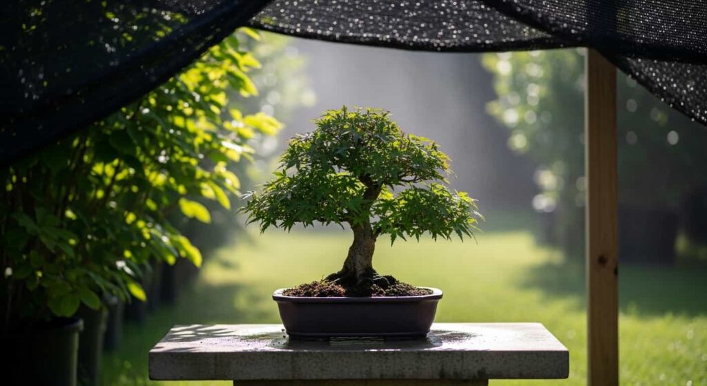 A recently repotted bonsai tree placed in a sheltered, shaded outdoor location to recover during the post-repotting care period.