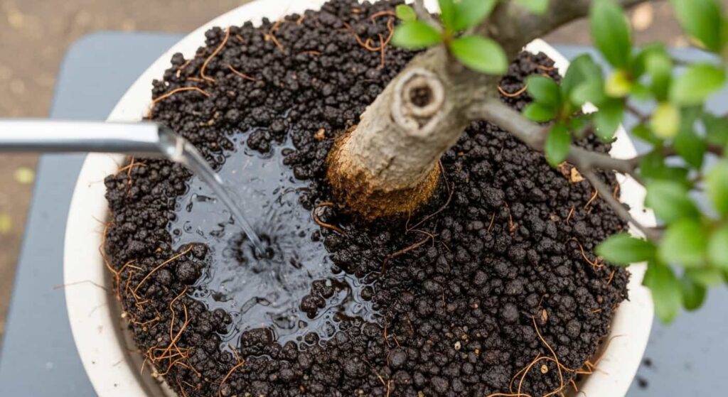Top-down view of the first watering of a newly repotted bonsai, with water saturating and darkening the fresh akadama soil.