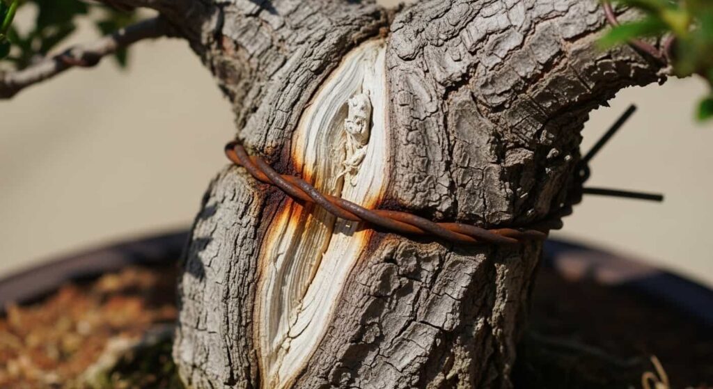 Damaged bonsai trunk with a scar caused by leaving tie-down wire in place for too long after the tree has established.
