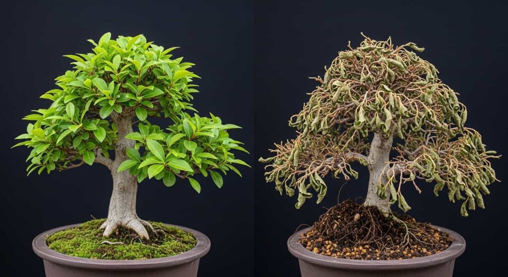 Comparison of a healthy bonsai versus a severely underwatered bonsai showing wilted leaves and soil shrinkage from the pot edges after repotting.