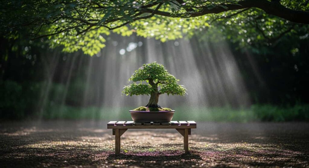 Freshly repotted bonsai tree in a shaded garden recovery area, sitting on a wooden bench with dappled sunlight and a fine mist of water in the air.