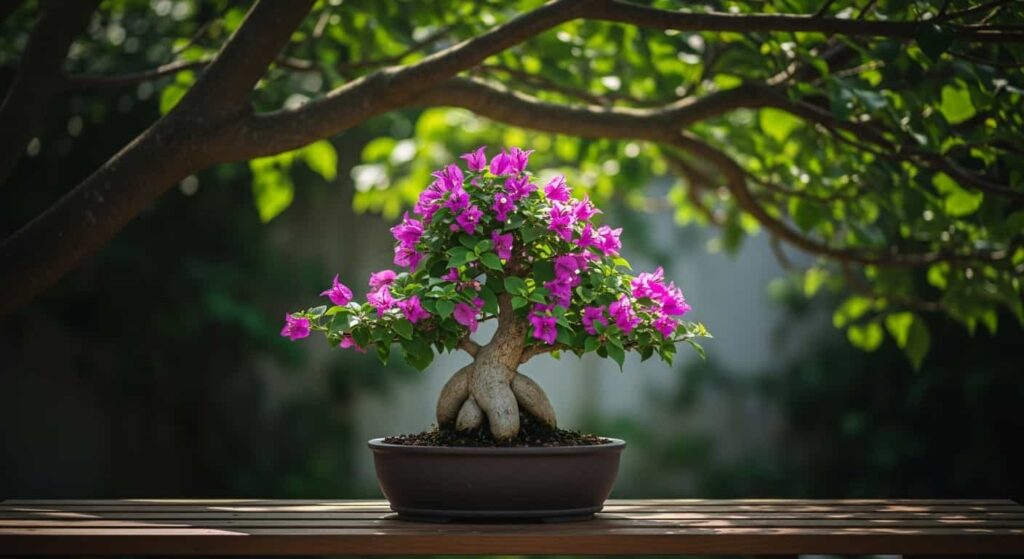 A freshly repotted bougainvillea bonsai placed in a bright, shaded area of a garden, receiving dappled sunlight for optimal post-root-pruning recovery.