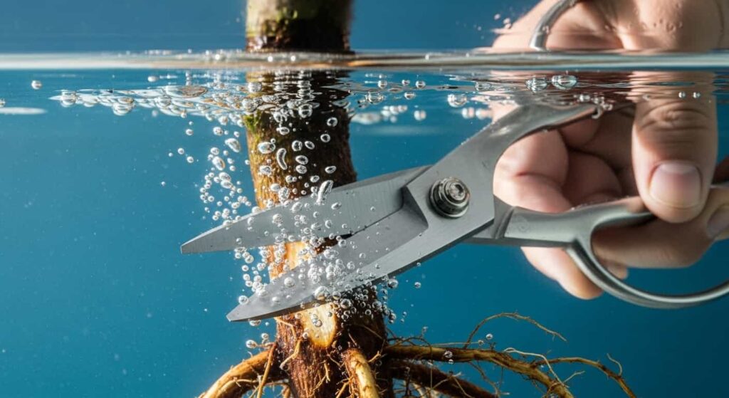 Bonsai shears cutting thick root underwater with rising air bubbles from fresh cut