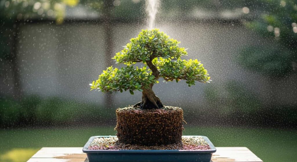 Bonsai tree in recovery after root pruning, placed on a humidity tray and gently misted with water to reduce stress while roots regenerate.