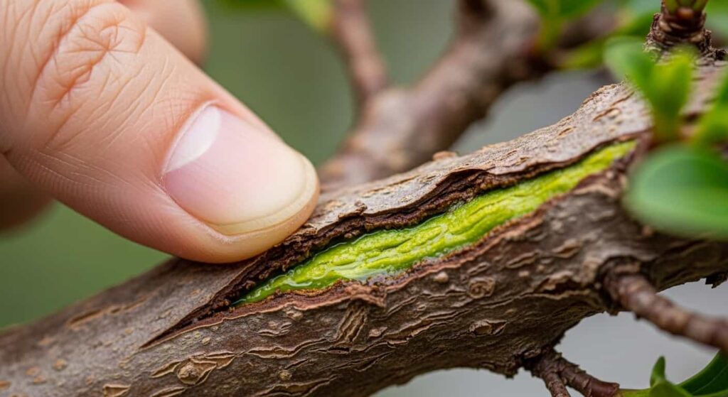 Macro shot of a bonsai scratch test revealing green moist cambium indicating the tree is alive.