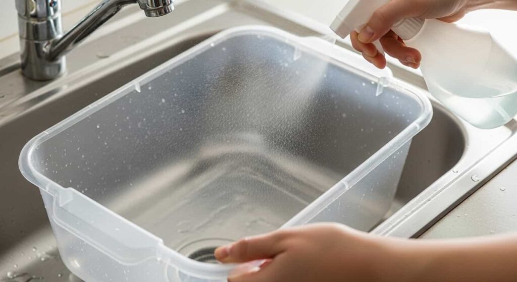 Sanitizing a plastic dish tub with a hydrogen peroxide spray between washing different plants to prevent cross-contamination from root rot or pests.