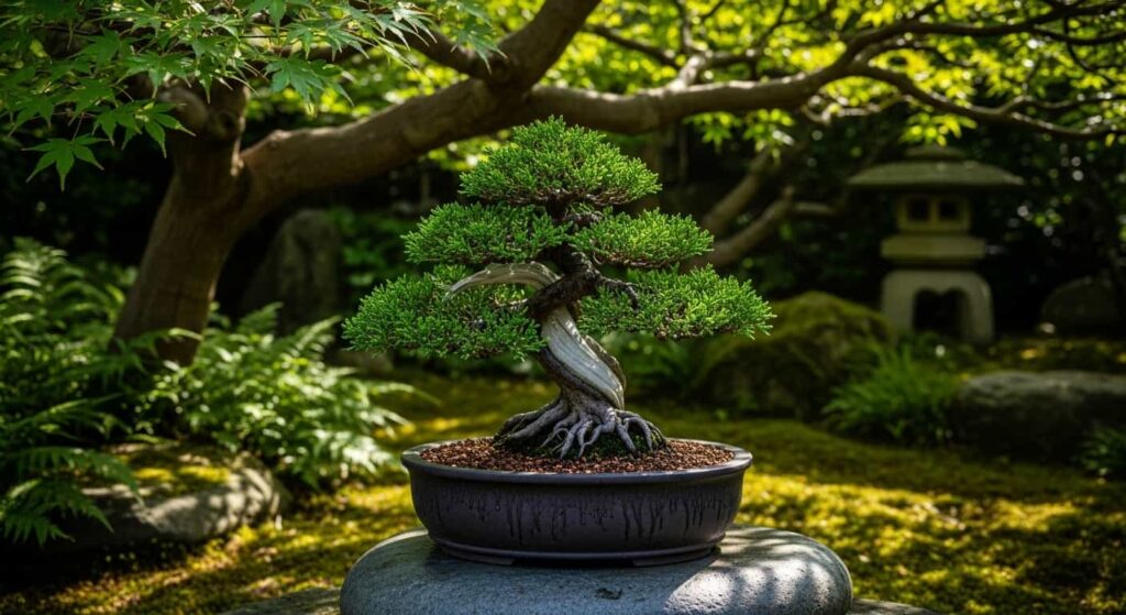 freshly repotted bonsai resting in shaded spot during aftercare period