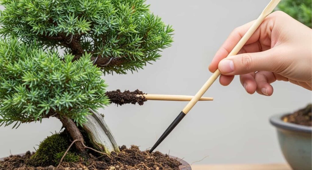Hand using a wooden chopstick to check soil moisture level in a Juniper bonsai pot, a key technique for proper watering after root pruning.
