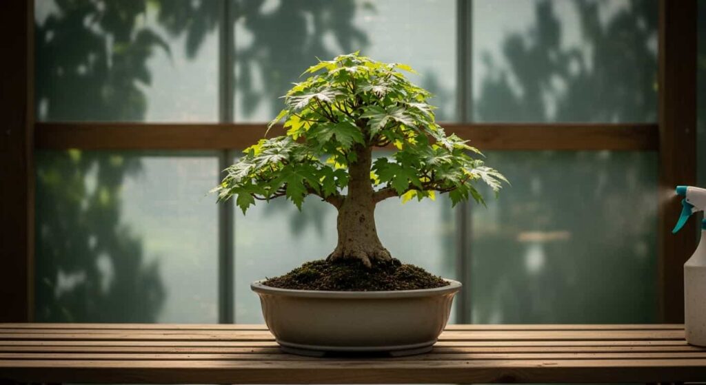 Freshly repotted trident maple bonsai placed in a shaded greenhouse for recovery, with soft, dappled light creating a peaceful atmosphere.